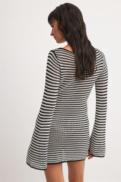Back view striped knit mini dress black and white