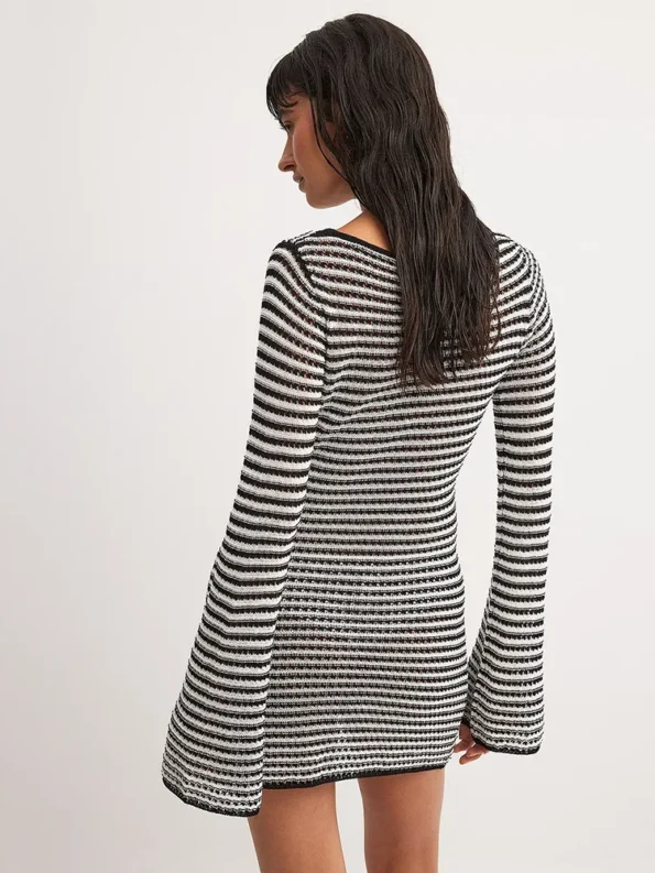 Back view striped knit mini dress black and white