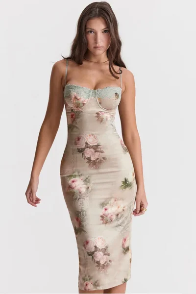 Spaghetti Strap Lace Print Midi Dress For Women Robe Strapless Backless High Waist Bodycon Club Party Long Dress