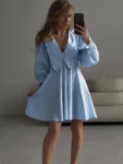 Pink plaid bow collar midi dress.webp