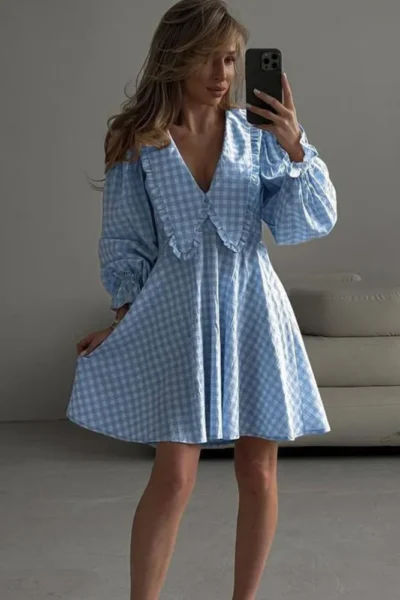 Blue plaid bow collar A-line midi dress with flared sleeves and loose fit