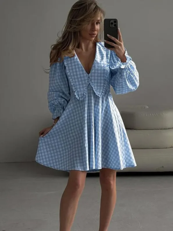Blue plaid bow collar A-line midi dress with flared sleeves and loose fit