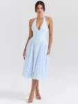 Mozision Deep V Neck Halter Sexy Madi Dress Women Fashion Sleeveless Backless A-line Loose Pleated Evening Long Dress Elegant