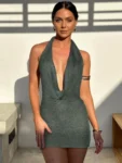 Halter deep v neck mini dress front view on model