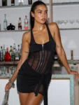 Black mesh ruched bodycon mini dress.webp