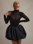 turtleneck sheer long sleeve mini dress