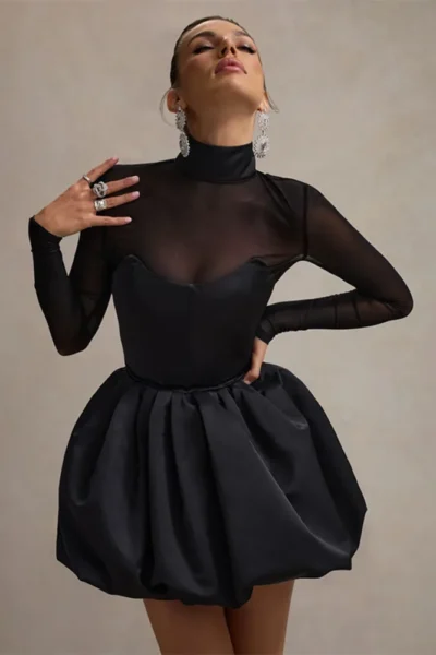 turtleneck sheer long sleeve mini dress