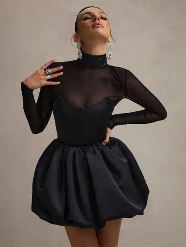 turtleneck sheer long sleeve mini dress