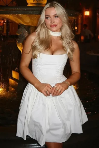 White backless lace-up A-line mini dress front view