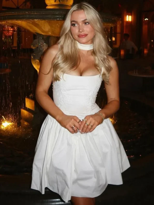 White backless lace-up A-line mini dress front view