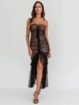 Mozision Mesh Strapless Lace Draped Sexy Midi Dress For Women Fashion Off-shoulder Sleeveless Backless Bodycon Club Party Dress