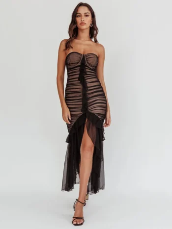 Mozision Mesh Strapless Lace Draped Sexy Midi Dress For Women Fashion Off-shoulder Sleeveless Backless Bodycon Club Party Dress
