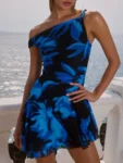 Front view of blue print ruffled mini dress.webp