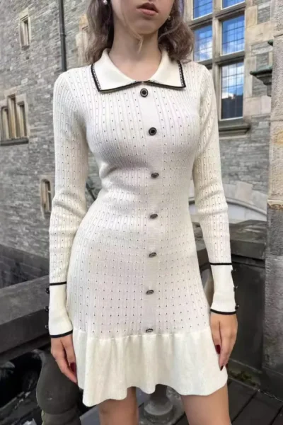 elegant cream high-waist knit dress outdoor with ruffle hem