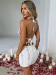 White Hollow Out Halter Mini Dress