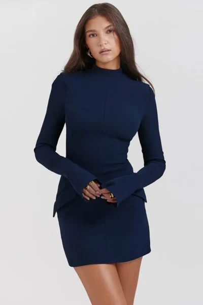 Dark Blue Bodycon Mini Dress with Long Sleeves