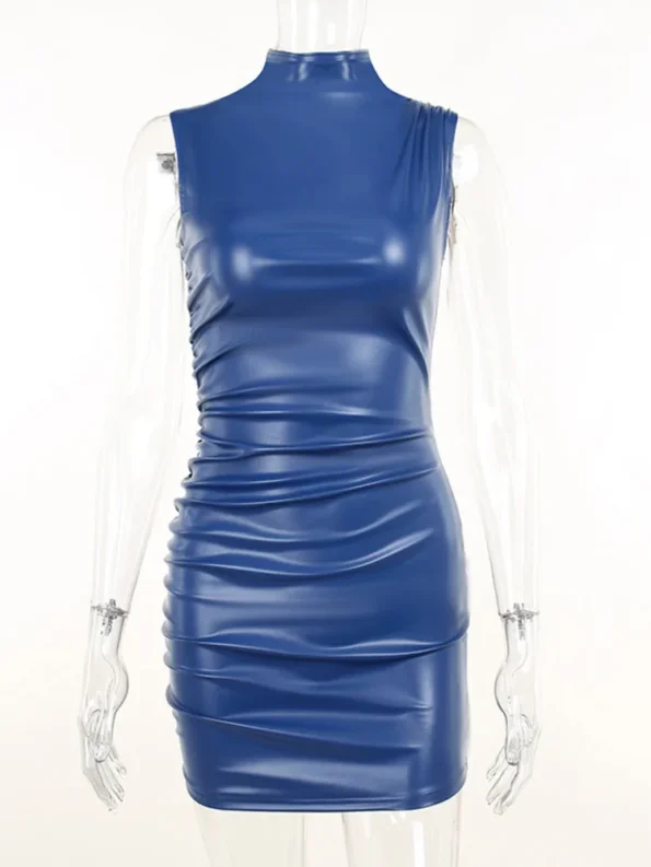 PU leather turtleneck sleeveless red bodycon mini dress