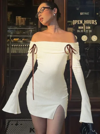 Off-shoulder ribbed mini dress front view