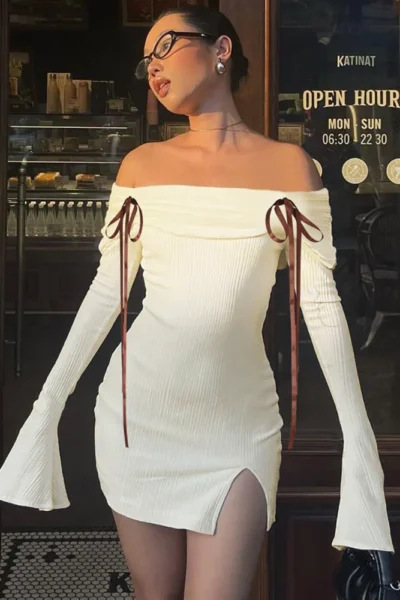 Off-shoulder ribbed mini dress front view