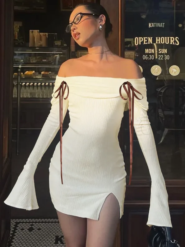 Off-shoulder ribbed mini dress front view