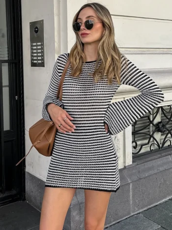 Woman in striped knit mini dress street style