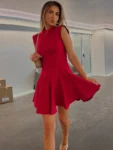 Red high collar sleeveless A-line mini dress front view