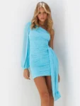 Green One-Shoulder Ruched Mini Dress Front