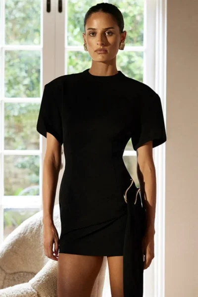 Short Sleeve Draped Sexy Mini Dress For Women Black Metal Buckle O Neck High Waist Bodycon Club Dress Vestido Clothes