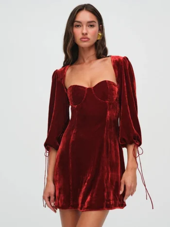 Velvet square neck backless mini dress front view