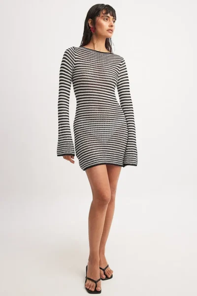 Side view striped knit mini dress black and white