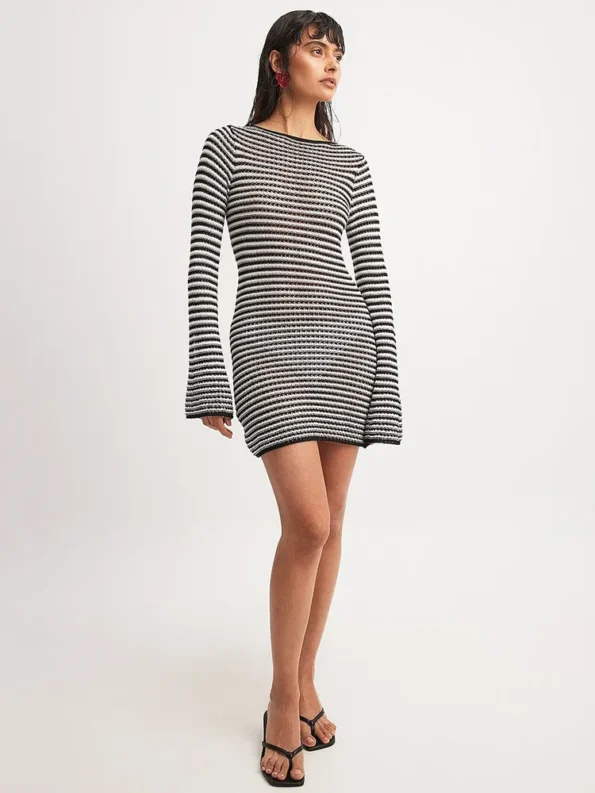 Side view striped knit mini dress black and white