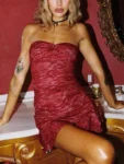 Mozision Lace Off-shoulder Backless Sexy Mini Dress For Women Fashion Strapless Sleeveless Ruffled Bodycon Club Dress Elegant