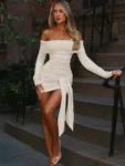 Beige Off-Shoulder Ruched Mini Dress.webp