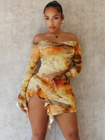 Tie-Dye Off-Shoulder Cut-Out Mini Dress – Sexy Ruched Party Dress