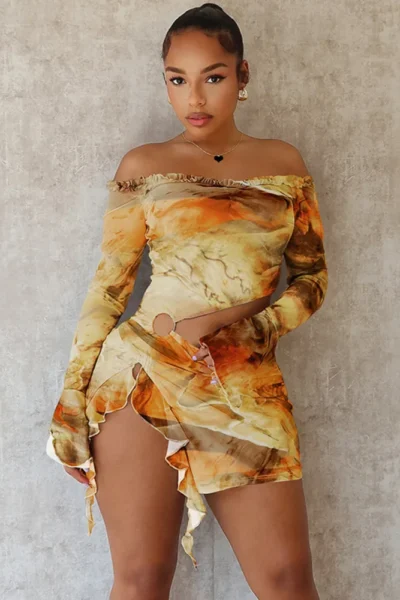 Tie-Dye Off-Shoulder Cut-Out Mini Dress – Sexy Ruched Party Dress