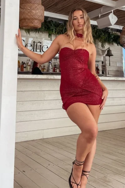 Wine red halter strapless mini dress with friend