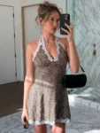 Mozision Leopard Print Backless Sexy Mini Dress For Woman Robe Contrast Color Halter Deep V Neck Sleeveless A-line Club Dress