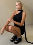 Halter black ruched mini dress front.webp