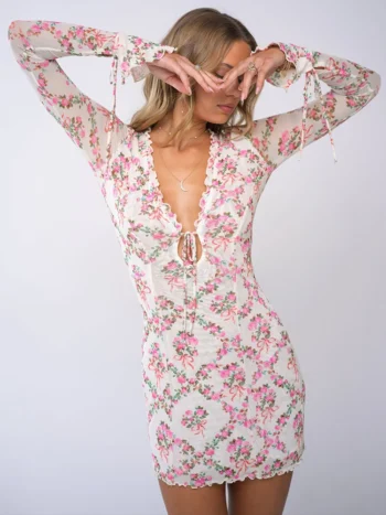 deep V neck floral print mini dress