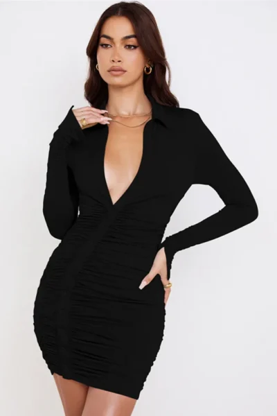 Black ruched button bodycon mini dress front view