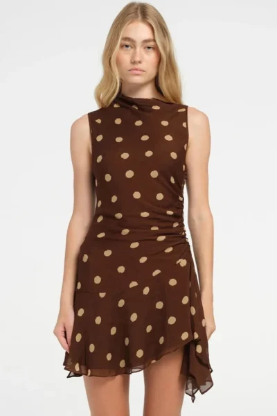 woman wearing sleeveless polka dot mini dress for women