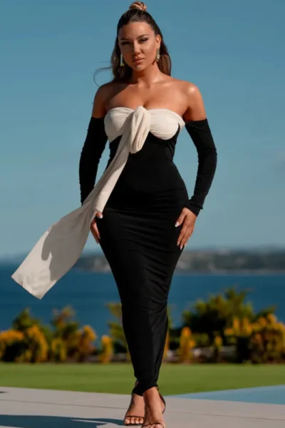 Patchwork Off-shoulder Sexy Maxi Dress For Women Gown Contrast Color Strapless Long Sleeve Bodycon Sexy Long Dress