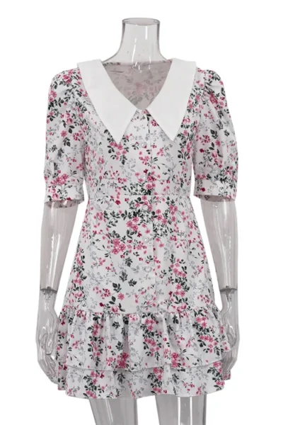 elegant floral mini dress white side view with puff sleeves