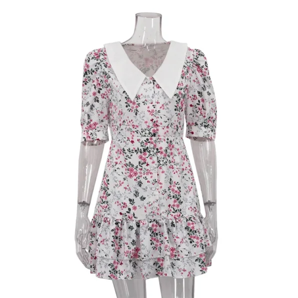 elegant floral mini dress white side view with puff sleeves