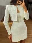 Mozision Pearl Dress Sets Women Autumn Long Sleeve Coat And Mini Dress Two Piece Sets Femme Sexy Strapless Dress Matching Sets