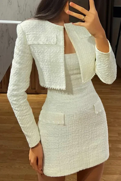 Pearl Dress Sets Women Autumn Long Sleeve Coat And Mini Dress Two Piece Sets Femme Sexy Strapless Dress Matching Sets