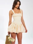 Elegant satin corset spaghetti strap champagne mini dress with bubble skirt