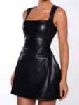 Black PU Leather Mini Dress Front.webp