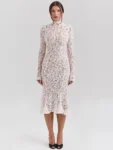 Mozision Lace Long Sleeve Sexy Midi Dress For Women Elegant White Half High Collar High Waist Bodycon Club Party Sexy Long Dress