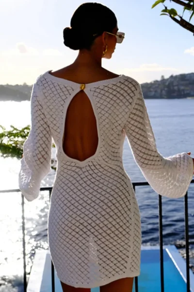 Back view of white knit mini dress with open back detail